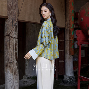 莨西子新中式国风桑蚕真丝绿色外套女春秋短款立领年轻减龄上衣潮