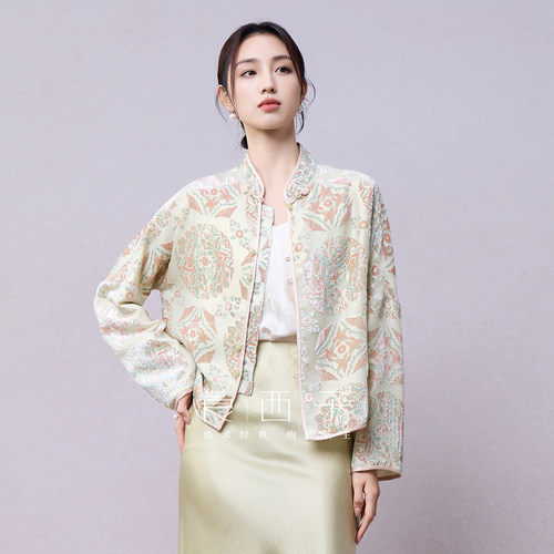莨西子新中式轻国风绝美穿搭桑蚕丝外套女短款2026春季宽松上衣