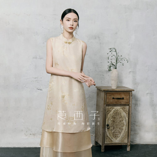 【柠霜】莨西子新中式国风女款100桑蚕丝连衣裙明媚精致无袖长裙