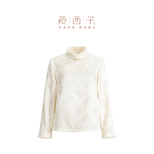 【云歌】莨西子新中式国风桑蚕真丝水貂毛立领长袖衬衫女秋冬上衣