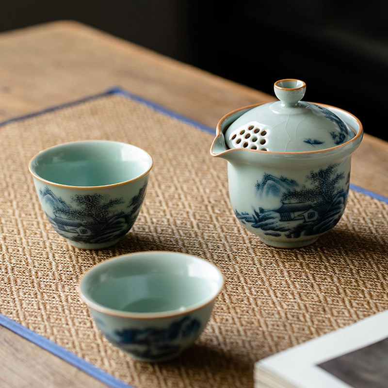 复古釉中彩青花汝窑天青功v夫旅行茶具快客杯小套装可携式包可携,餐饮具,旅行茶具,淘宝优惠券,粉丝福利购,淘宝优惠卷