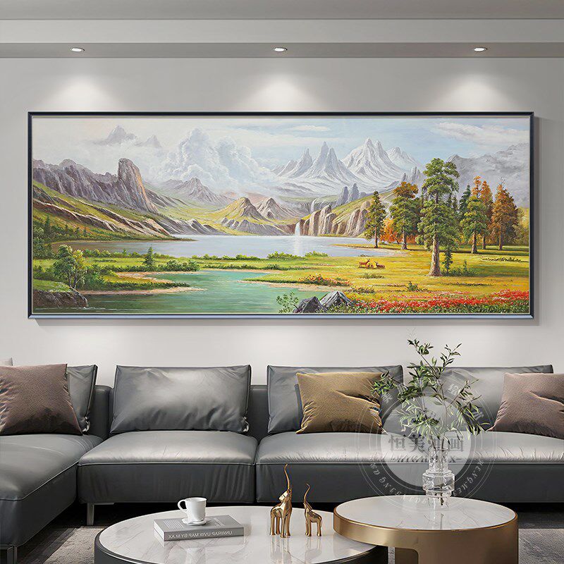 手绘油画欧式山水聚宝盆装饰x画靠山风景美式挂画三只小鹿客厅壁