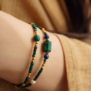 JoJo|复古天然孔雀石手链女 S925 纯银叠戴珍珠青金石小众手链