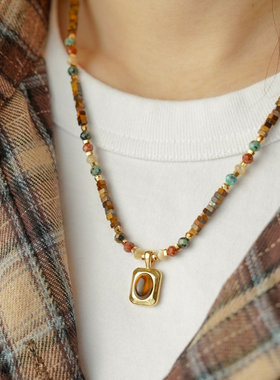 手工焦糖复古虎眼石吊坠项链