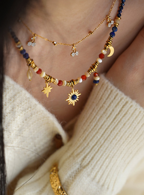 JoJo｜设计师款「蓝夜星语」青金石玛瑙星月吊坠项链樱桃锁骨链