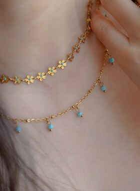 JoJo｜设计师小清新镀18k金花朵蓝色滴油八芒星小项链锁骨链手链