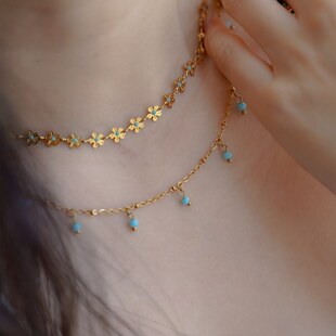 JoJo|设计师小清新镀18k金花朵蓝色滴油八芒星小项链锁骨链手链