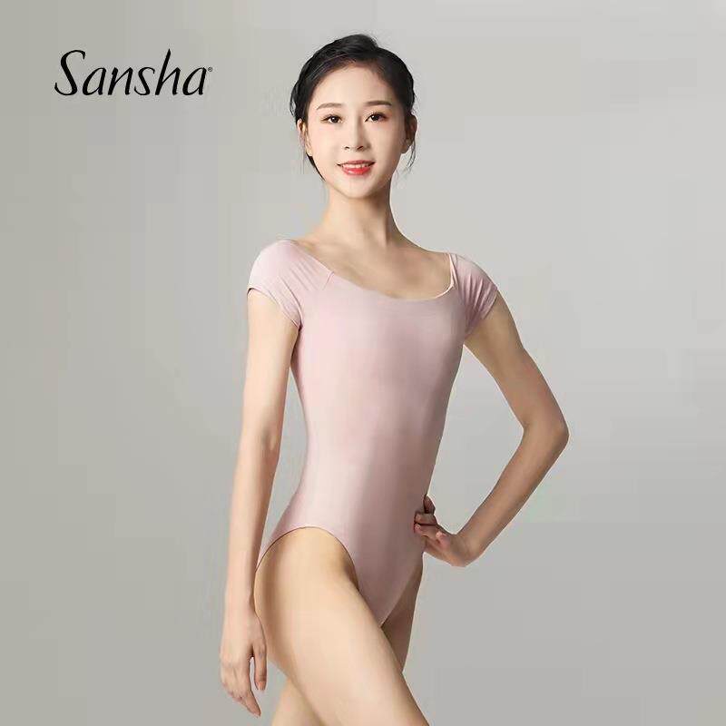法国三沙芭蕾舞服女舞蹈练功服高弹短袖一字领连体艺考形体服成人