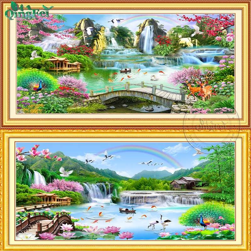 青飞精准印布流水生财廊桥遗梦十字绣聚宝瀑布彩虹山水挂画越南