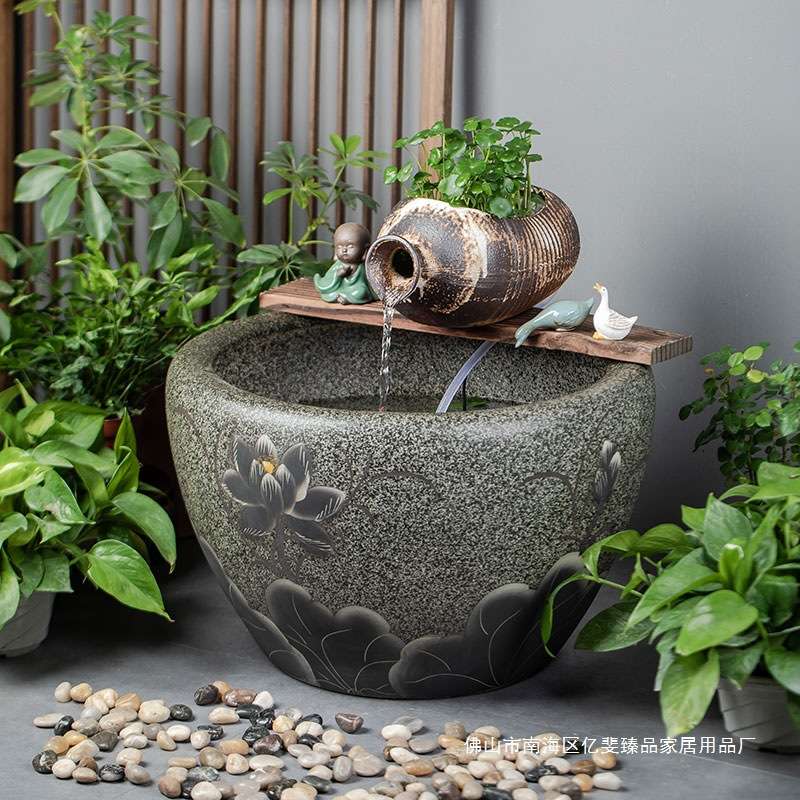 大型陶瓷流水喷泉鱼缸陶罐水循环造景古法鱼缸客厅阳台落地大水缸