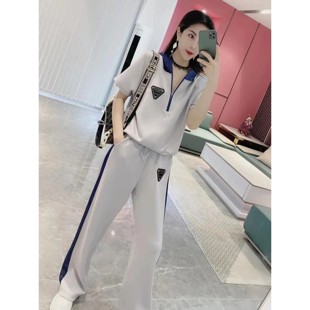 休闲运动套装女夏季2025新款韩版时尚洋气卫衣直筒阔腿长裤两件套