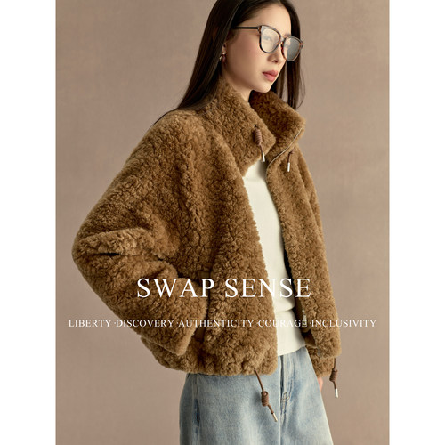 SWAP SENSE云端旅人·棕色短款立领抽绳收腰棕色羊羔毛保暖外套冬