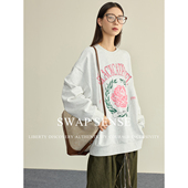 SWAP SENSE花漾密语·复古玫瑰斑驳刺绣撞色设计感廓形卫衣新款 女