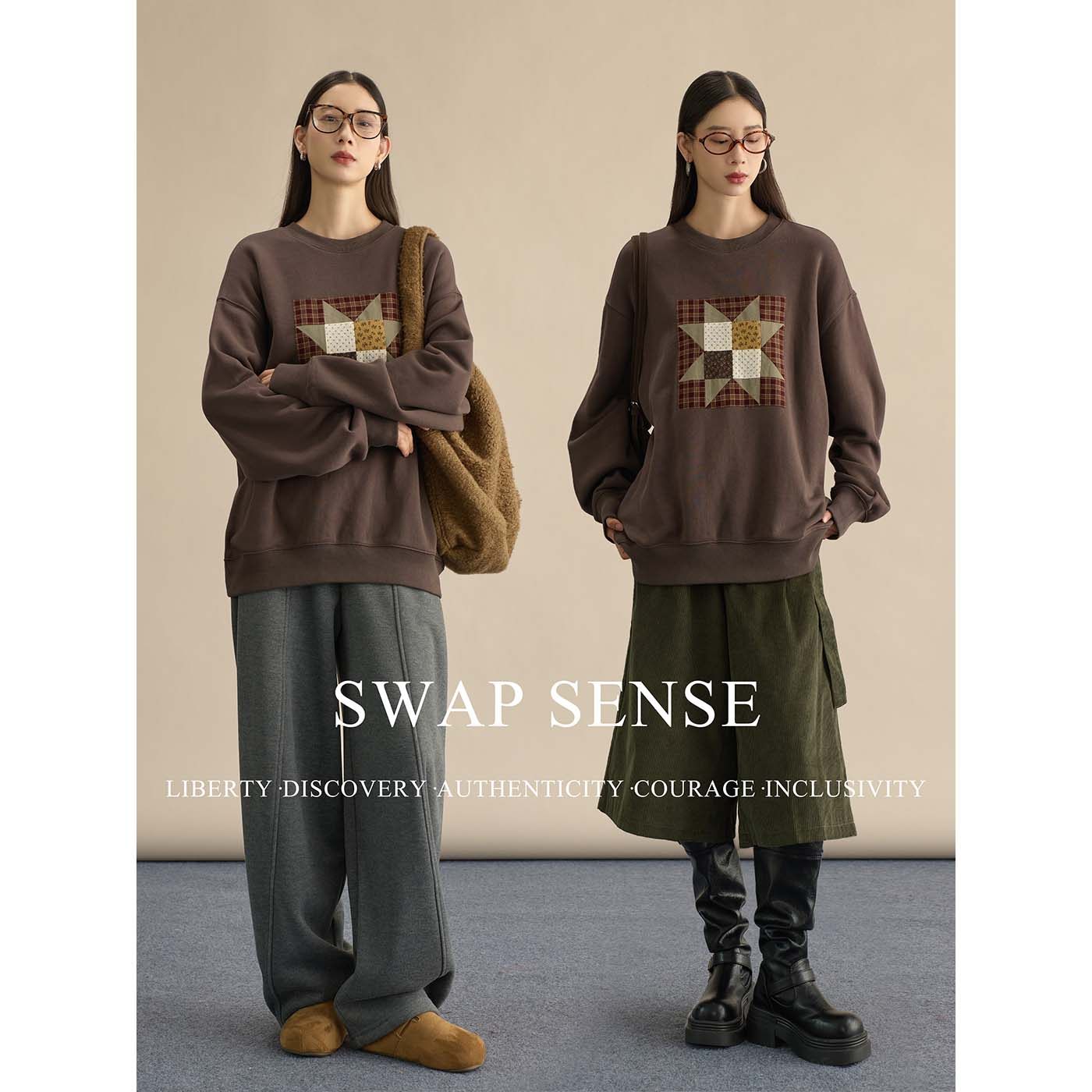 SWAP SENSE星韵织旅· 美式复古深棕色贴布卫衣2026年早春新款,女装/女士精品,短外套,淘宝优惠券,粉丝福利购,淘宝优惠卷