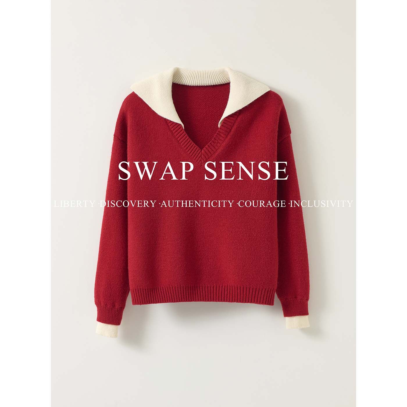 SWAP SENSE绛序融雪· 复古休闲红色v领宽松毛衣半身裙短裙套装,女装/女士精品,毛针织衫,淘宝优惠券,粉丝福利购,淘宝优惠卷
