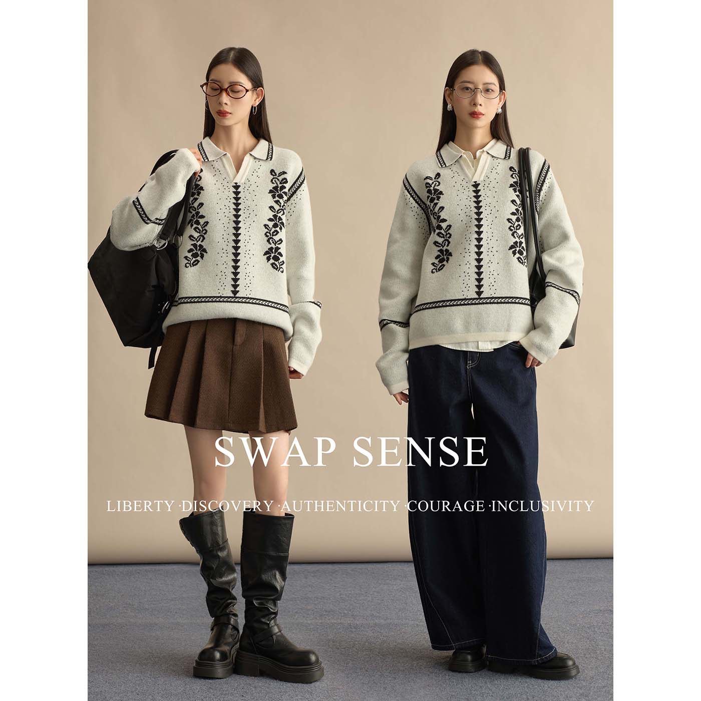 SWAP SENSE绒语诗痕· 复古休闲藤蔓提花针织翻领灰色套头毛衣,女装/女士精品,毛衣,淘宝优惠券,粉丝福利购,淘宝优惠卷