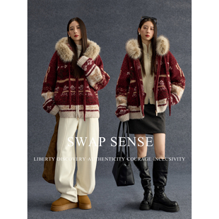 SWAP SENSE绯梦绒语· 可拆毛领费尔岛毛衣开衫慵懒连帽外套冬