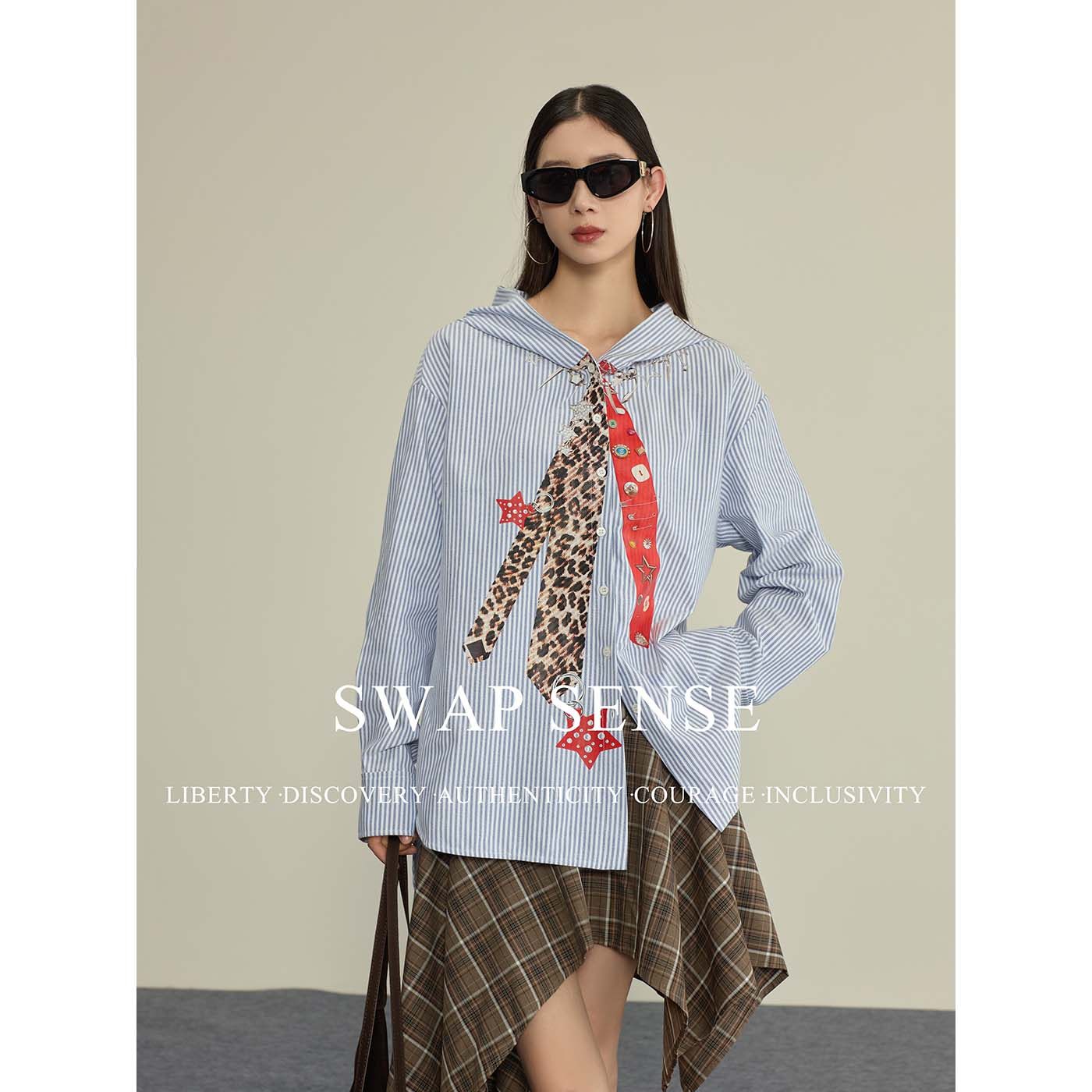 SWAP SENSE星语航行·休闲复古蓝色条纹衬衫领带印花衬衫早春新款,女装/女士精品,短外套,淘宝优惠券,粉丝福利购,淘宝优惠卷