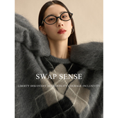 SWAP SENSE灰菱谧语·复古休闲慵懒灰色菱格纹圆领宽松加厚毛衣