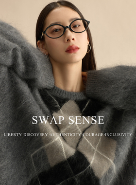 SWAP SENSE灰菱谧语·复古休闲慵懒灰色菱格纹圆领宽松加厚毛衣