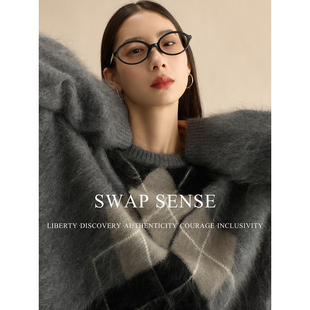 SWAP SENSE灰菱谧语·复古休闲慵懒灰色菱格纹圆领宽松加厚毛衣