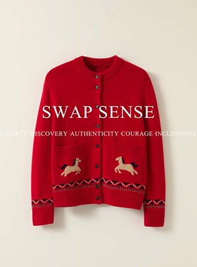 SWAP SENSE赤骏织华·复古休闲圆领红色针织开衫毛衣女新年外套