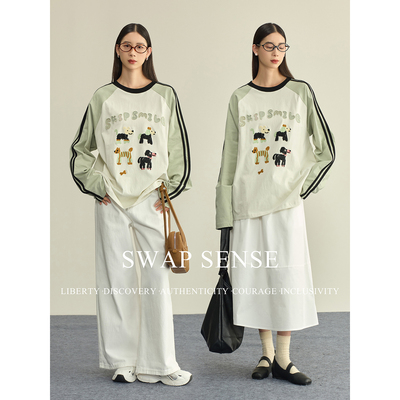 SWAP SENSE绿野犬踪·复古休闲撞色插肩小狗拼接图案设计感上衣女