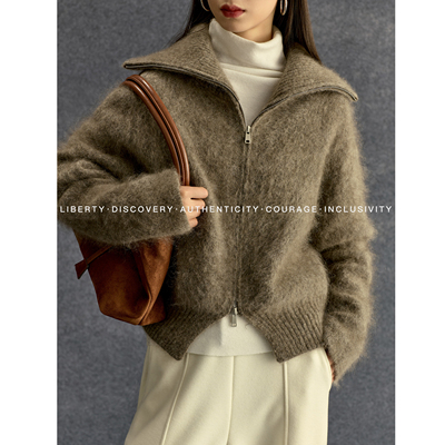 SWAP SENSE暖序行间·棕色马海毛毛衣大翻领慵懒针织开衫毛衣冬季