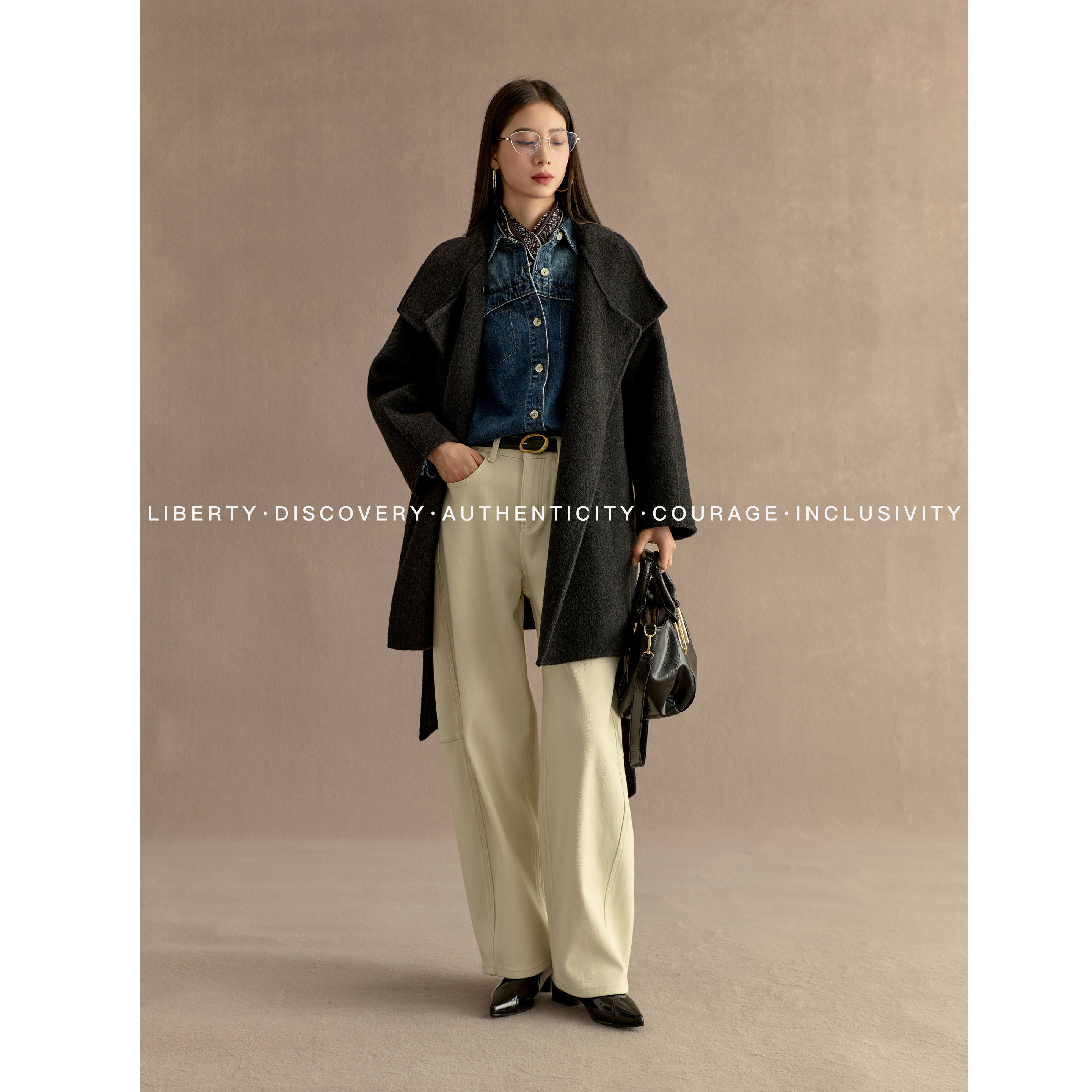 SWAP SENSE暮云絮语·灰色双面羊绒大衣宽松系带短款羊毛呢外套冬