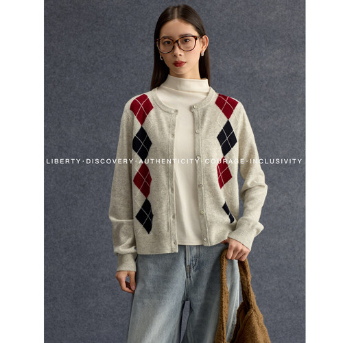 SWAP SENSE菱境絮语· 撞色菱格针织开衫宽松毛衣2026春季新款