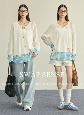 SWAP SENSE海境絮语·复古串珠系带休闲钉珠小鱼罩衫设计感上衣春