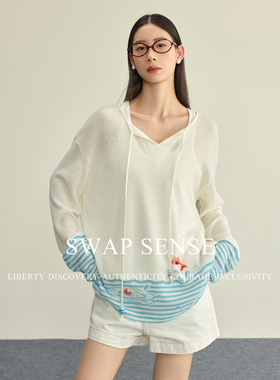 SWAP SENSE海境絮语·复古休闲设计感钉珠小鱼串珠系带罩衫上衣春