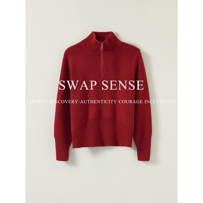 SWAP SENSE赤序垂暖· 复古休闲半拉链翻领红色针织衫套头上衣