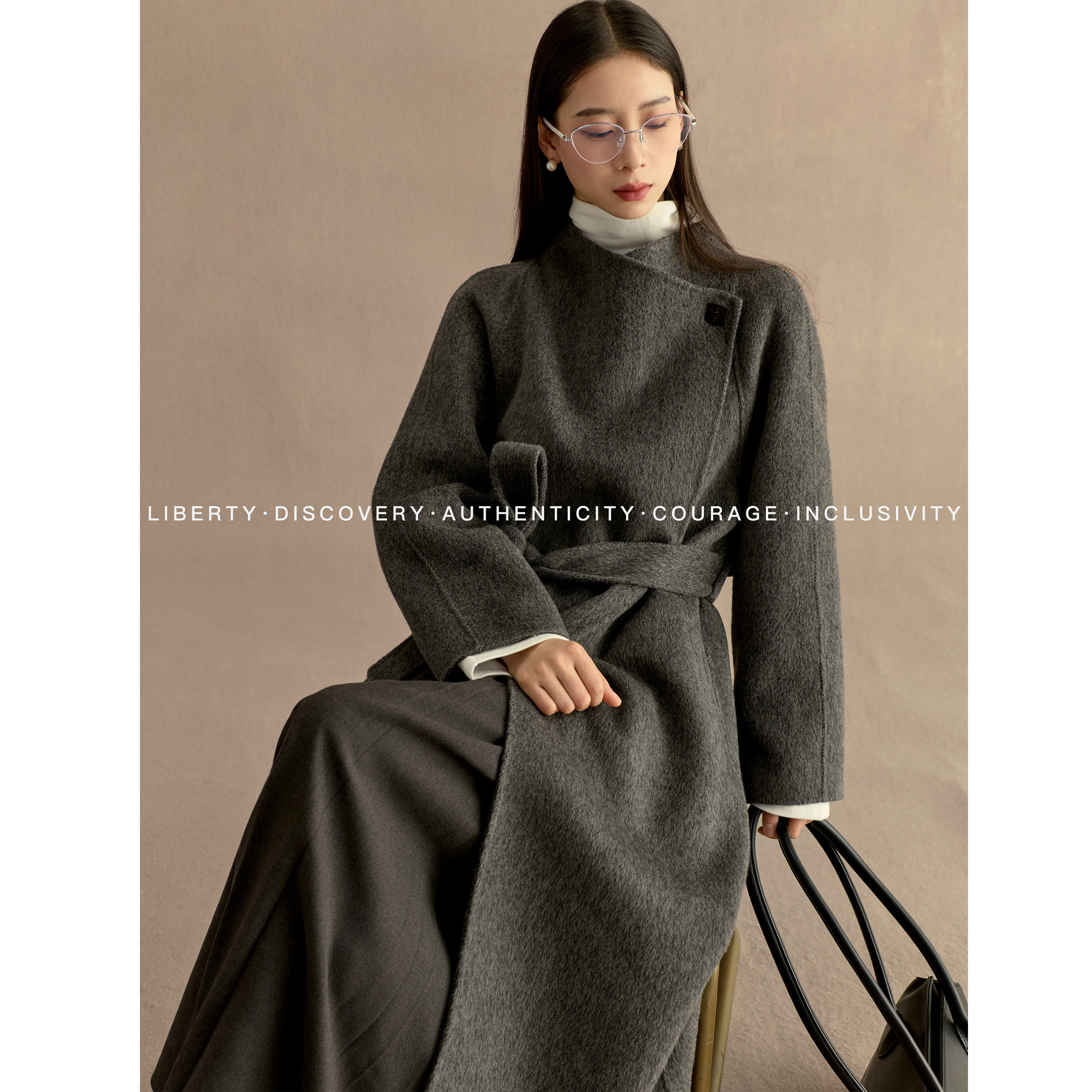 SWAP SENSE月影留痕·灰色极简宽松进口羊毛双面呢羊绒大衣外套冬