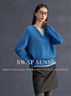 SWAP SENSE静蓝谧语·复古休闲风假两件V零宽松针织套头蓝色毛衣