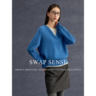 SWAP SENSE静蓝谧语·复古休闲风假两件V零宽松针织套头蓝色毛衣