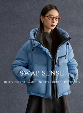 SWAP SENSE云絮暖藏·休闲复古蓝色连帽羽绒服外套2025年新款冬季