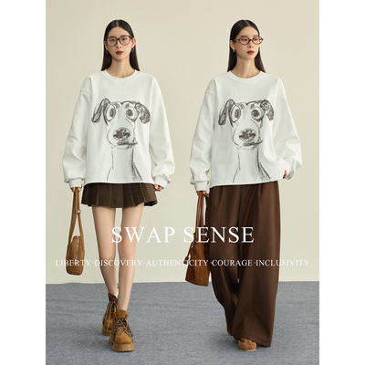 SWAP SENSE笔触萌语·复古休闲设计感手绘狗狗印花廓形男友风卫衣