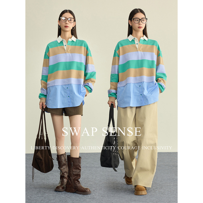 SWAP SENSE彩境漫构·复古休闲Polo领卫衣撞色条纹拼接假两件上衣