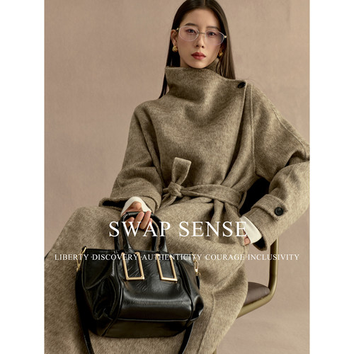SWAP SENSE风骨剪影·经典立领斗篷收腰系带中长款双面羊绒大衣冬