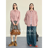 新款 SWAP SENSE绯樱漫序·复古休闲设计感男友风红色条纹简约衬衫