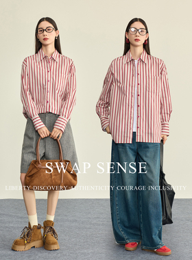 SWAP SENSE绯樱漫序·复古休闲设计感男友风红色条纹简约衬衫新款