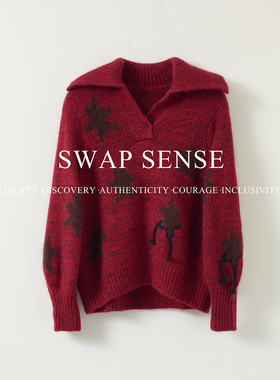 SWAP SENSE·复古休闲松弛红色翻领针织慵懒高级感红色新年毛衣冬