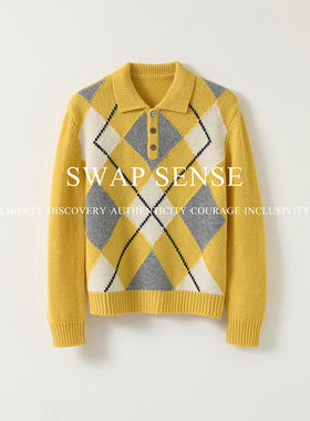 SWAP SENSE菱序暖晖·复古学院风休闲翻领菱格撞色针织衫长袖上衣
