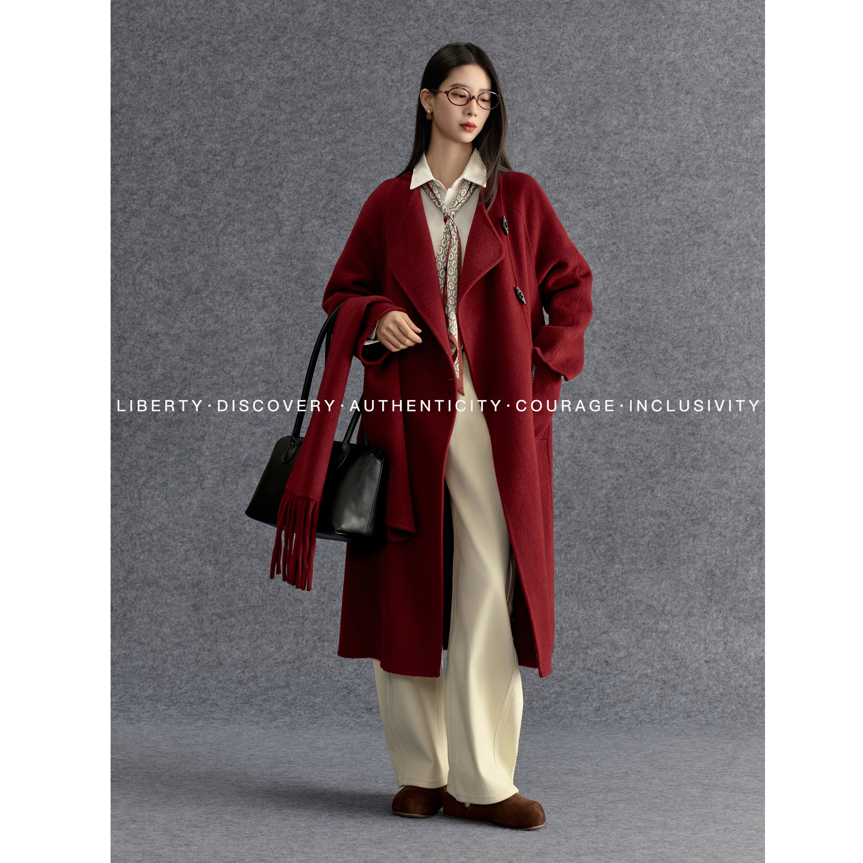 SWAP SENSE绯夜织叙·韩系可拆卸围巾红色羊绒大衣圣诞新年战袍冬