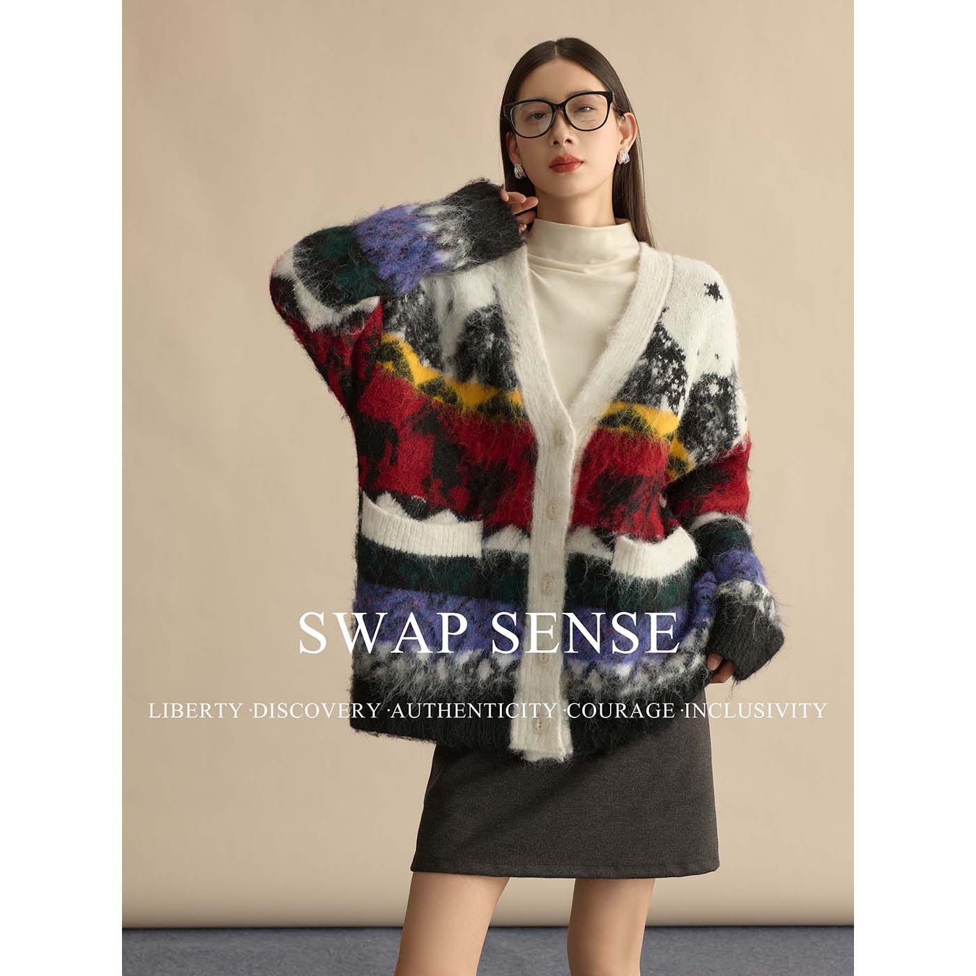 SWAP SENSE织梦星语·复古休闲费尔岛提花针织大廓形毛衣开衫外套,女装/女士精品,毛针织衫,淘宝优惠券,粉丝福利购,淘宝优惠卷