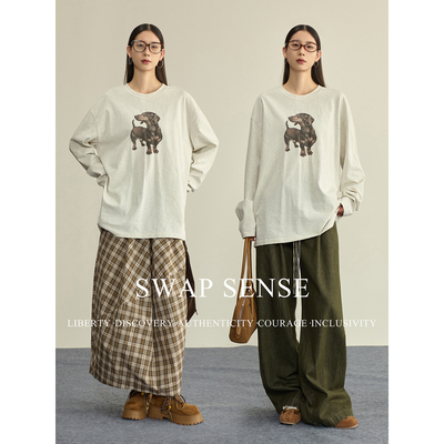 SWAP SENSE奇遇织语·复古腊肠狗狗印花男友风廓形长袖设计感上衣