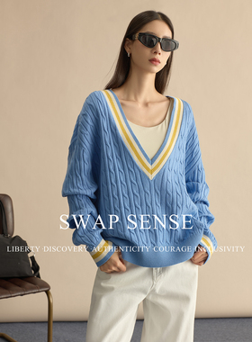 SWAP SENSE碧穹絮语·复古休闲2026早春新款V领绞花蓝色针织毛衣