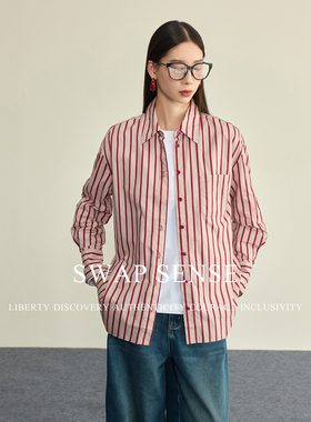SWAP SENSE绯樱漫序·复古红色条纹廓形设计感男友风衬衫2026新款