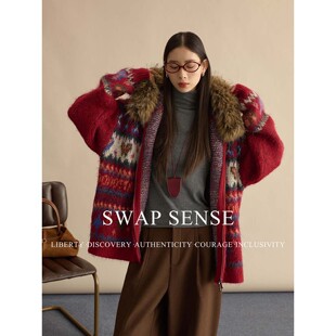 SWAP SENSE绯月织梦· 复古慵懒感费尔岛连帽毛领拉链毛衣外套